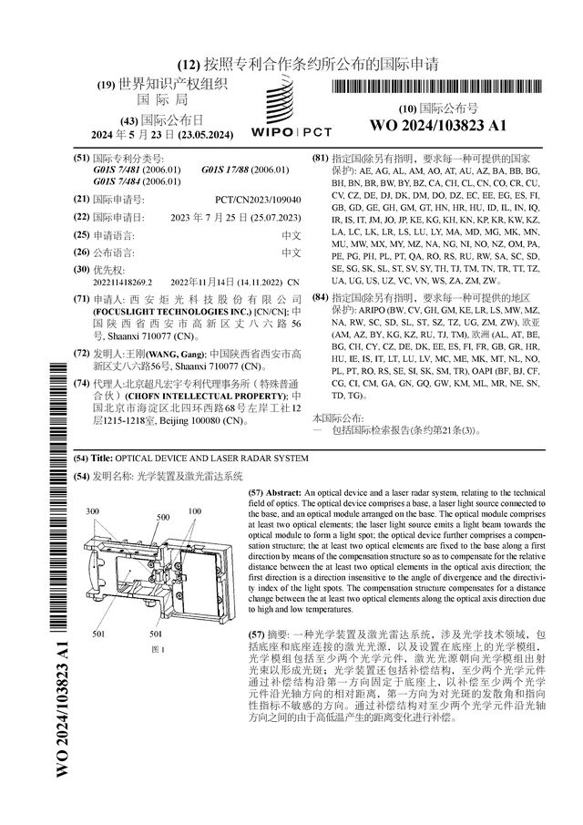 炬光科技公布国际专利申请：“光学装置及激光雷达系统”(图1)